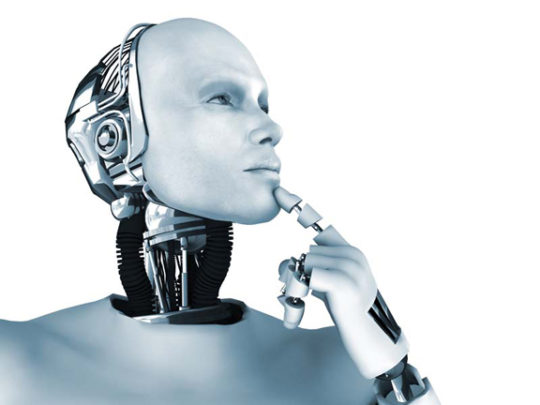 Male robot thinking about something. Corporate Robot Team Building
